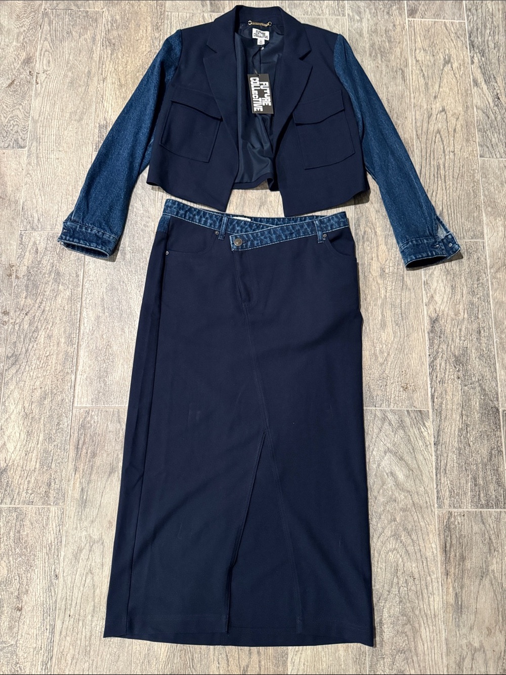 Future collective Navy Skirt Suit with Denim Trim